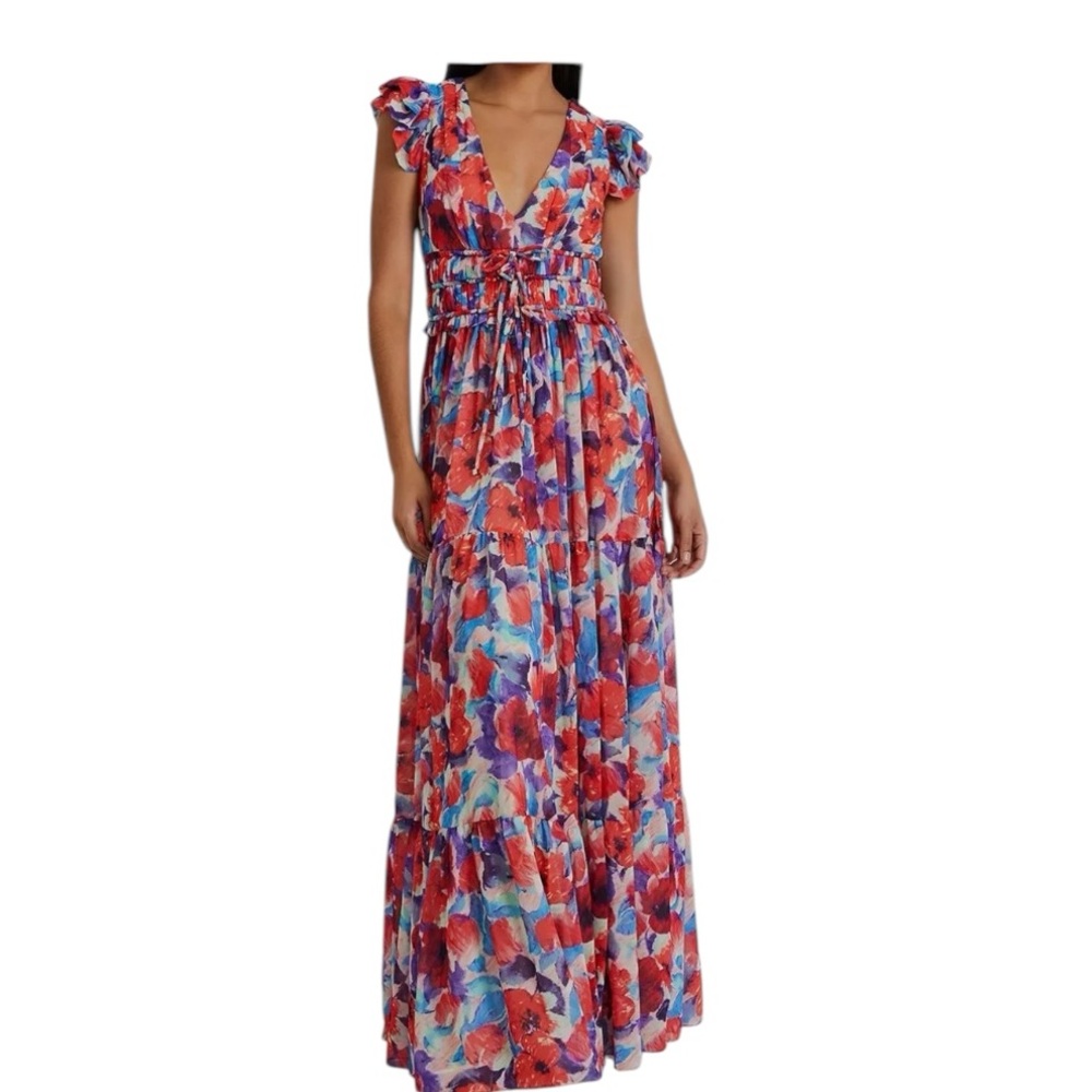 PATBO Red and blue floral print maxi dress. Size 2 NWOT